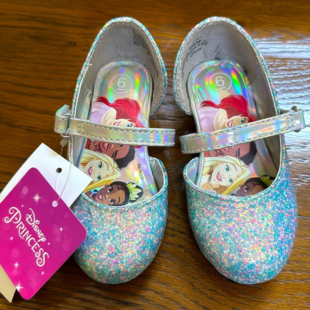 New Disney Princess Glitter Shoes.  Adjustable strap. Crown design on heels.